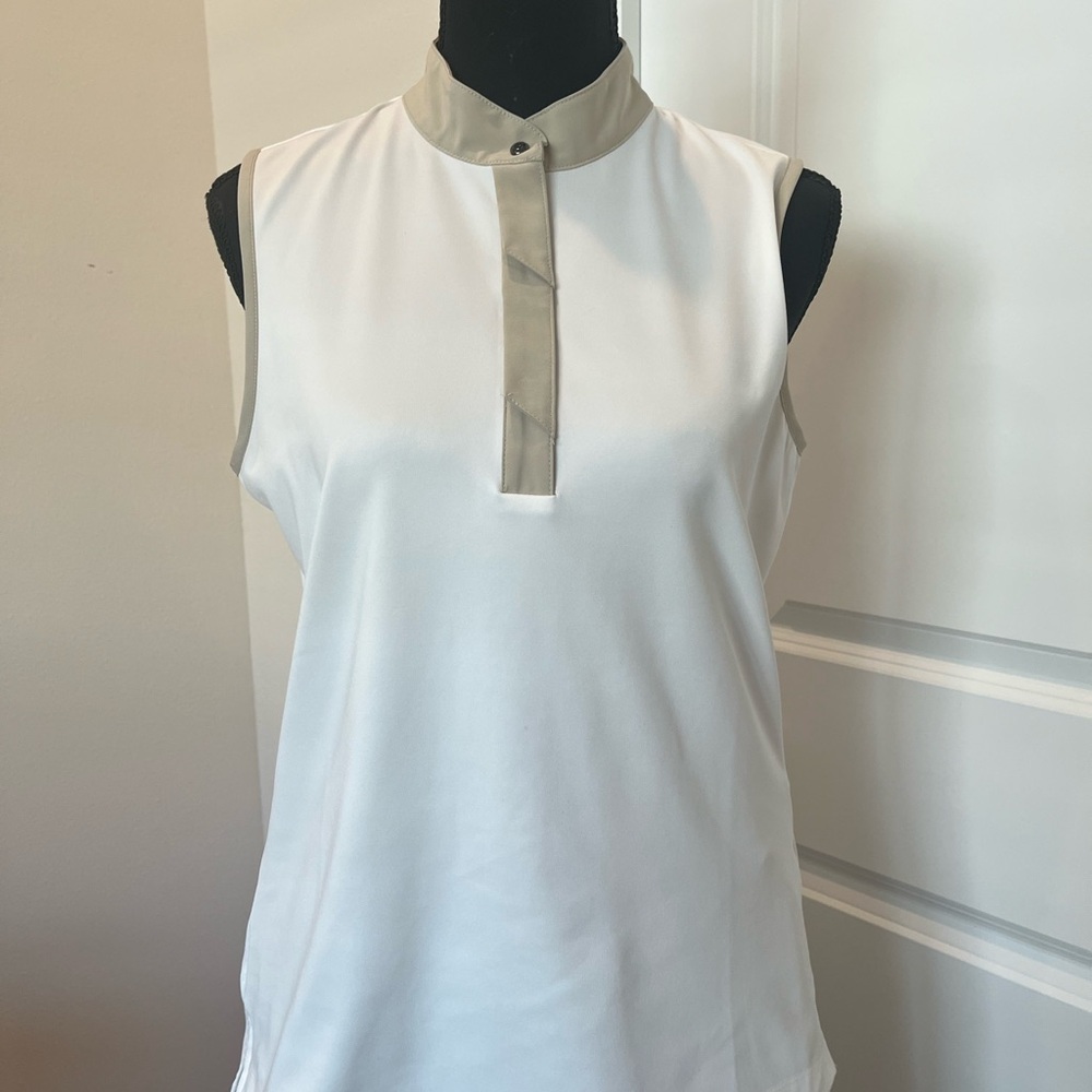 Tail white Sleeveless Top with Tan Trim